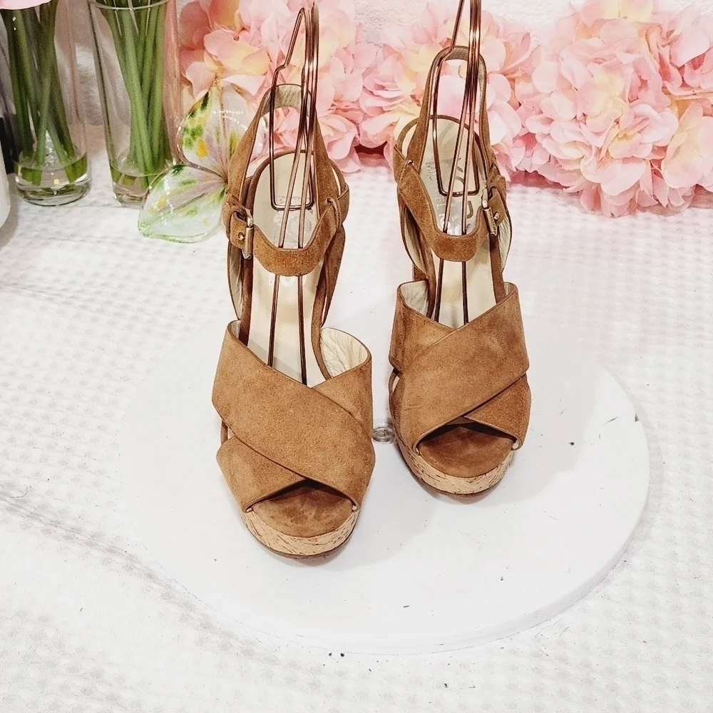 Michael Kors Adair Brown Suede Cork Platform High Heel Sandals Sz. US 6.5 M